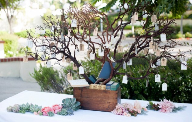 Vintage key escort cards on branches