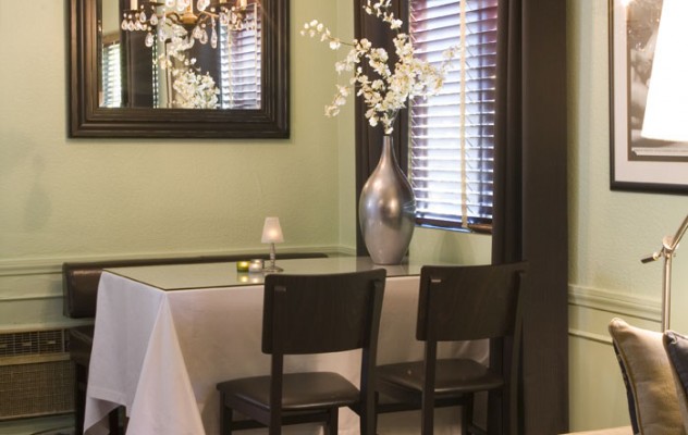 Dining area with houndstooth carpet tiles